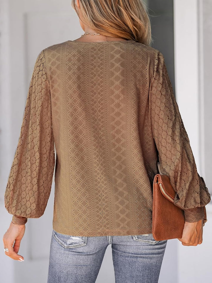 CUPSHE Damen Blusen V-Ausschnitt Spitzen Wellenkante Puffärmel Langarmshirt Lässige Lace Oberteile T