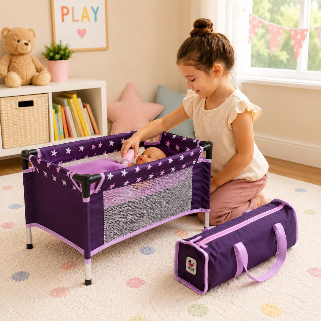Bayer Chic 2000 Puppen-Reisebett | Stars Lila | Für Puppen bis 48 cm | Kompaktes Reisebett für Puppe