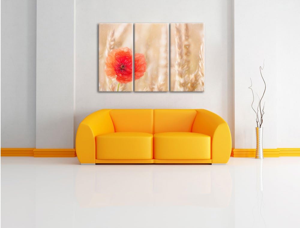Pixxprint Mohnblume im Kornfeld als Leinwandbild/Grösse: 3 Teilig (120x80) cm/Wandbild/Kunstdruck/fe