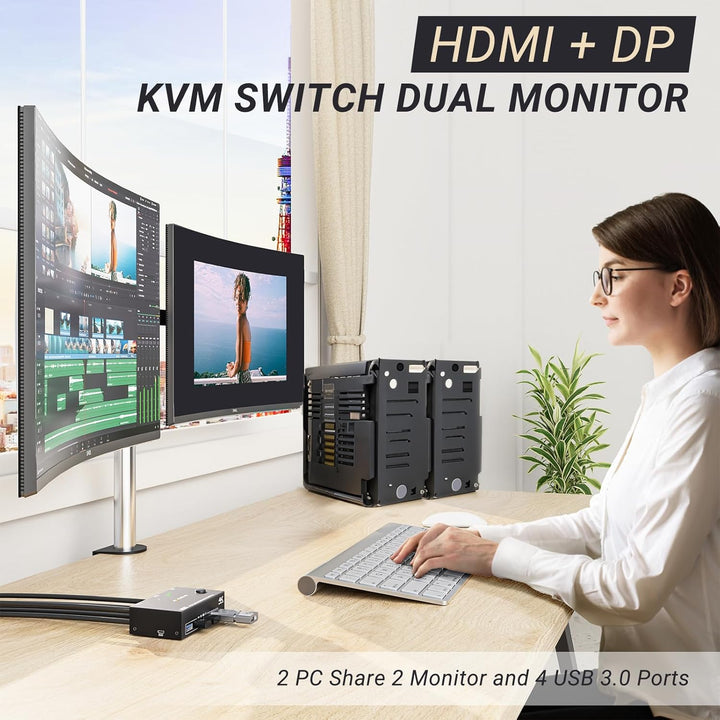 KVM Switch 2 PC 2 Monitore DP HDMI, USB 3.0 Dual Monitor KVM Switch Displayport HDMI Teilen 4 USB 3.