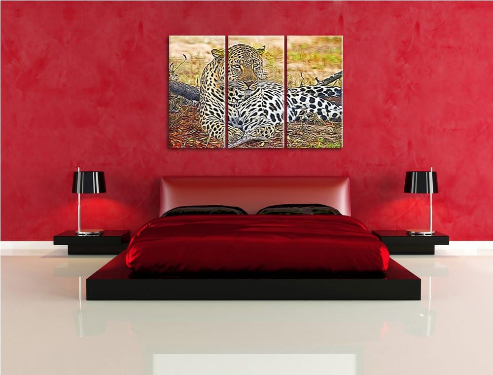 liegender Leopard im Laub NewArt 3-Teiler Leinwandbild 120x80 Bild auf Leinwand, XXL riesige Bilder