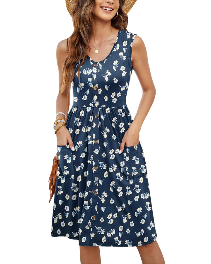 MOLERANI Sommerkleid Damen Ärmellos V Ausschnitt mit Taschen S Floral Marine, S Floral Marine
