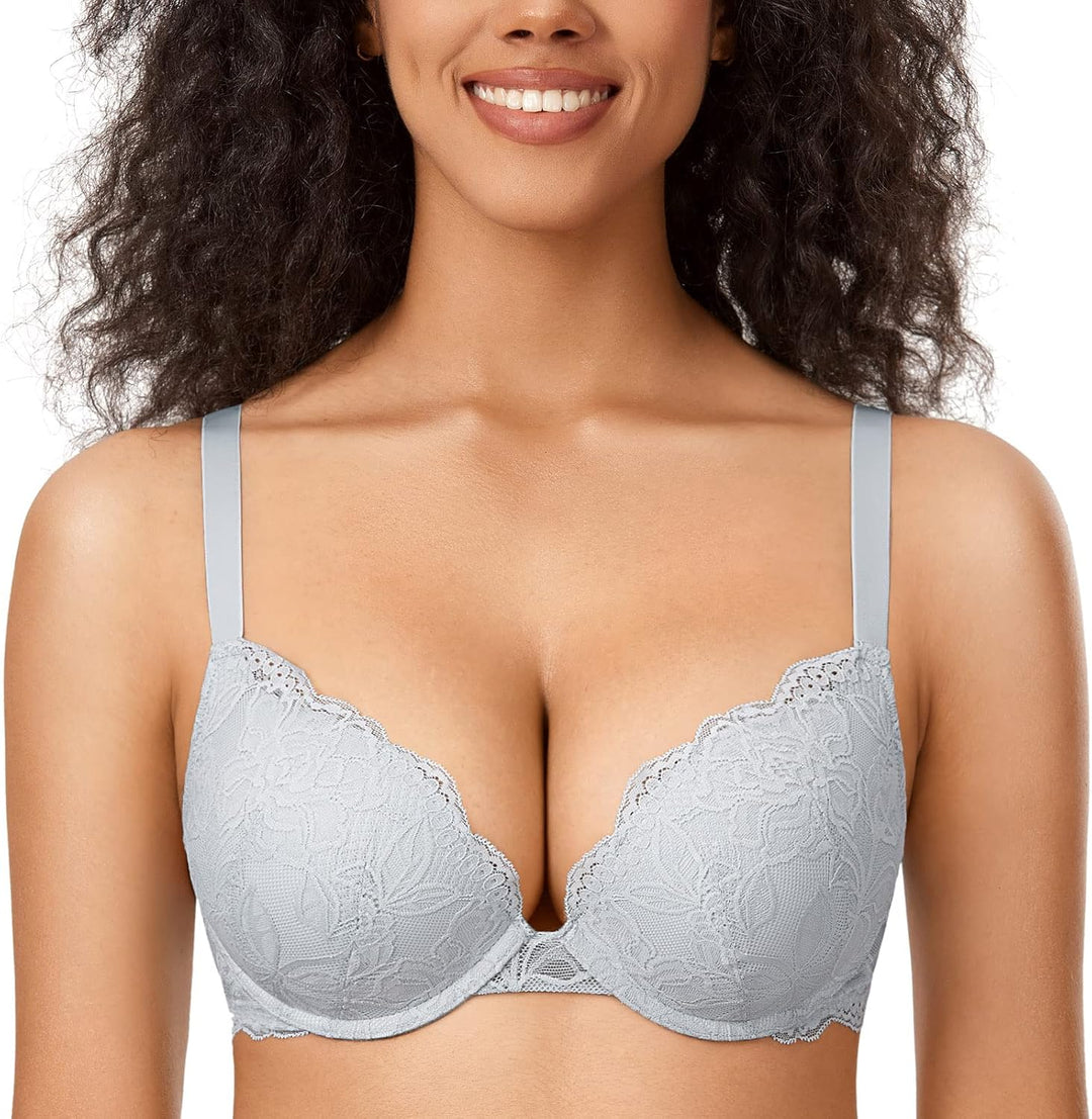 DOBREVA Damen Push Up BH Mit Spitze Gepolstert Plunge Bügel Vollschalen BHS Gemoldete Cups 70A Opalg
