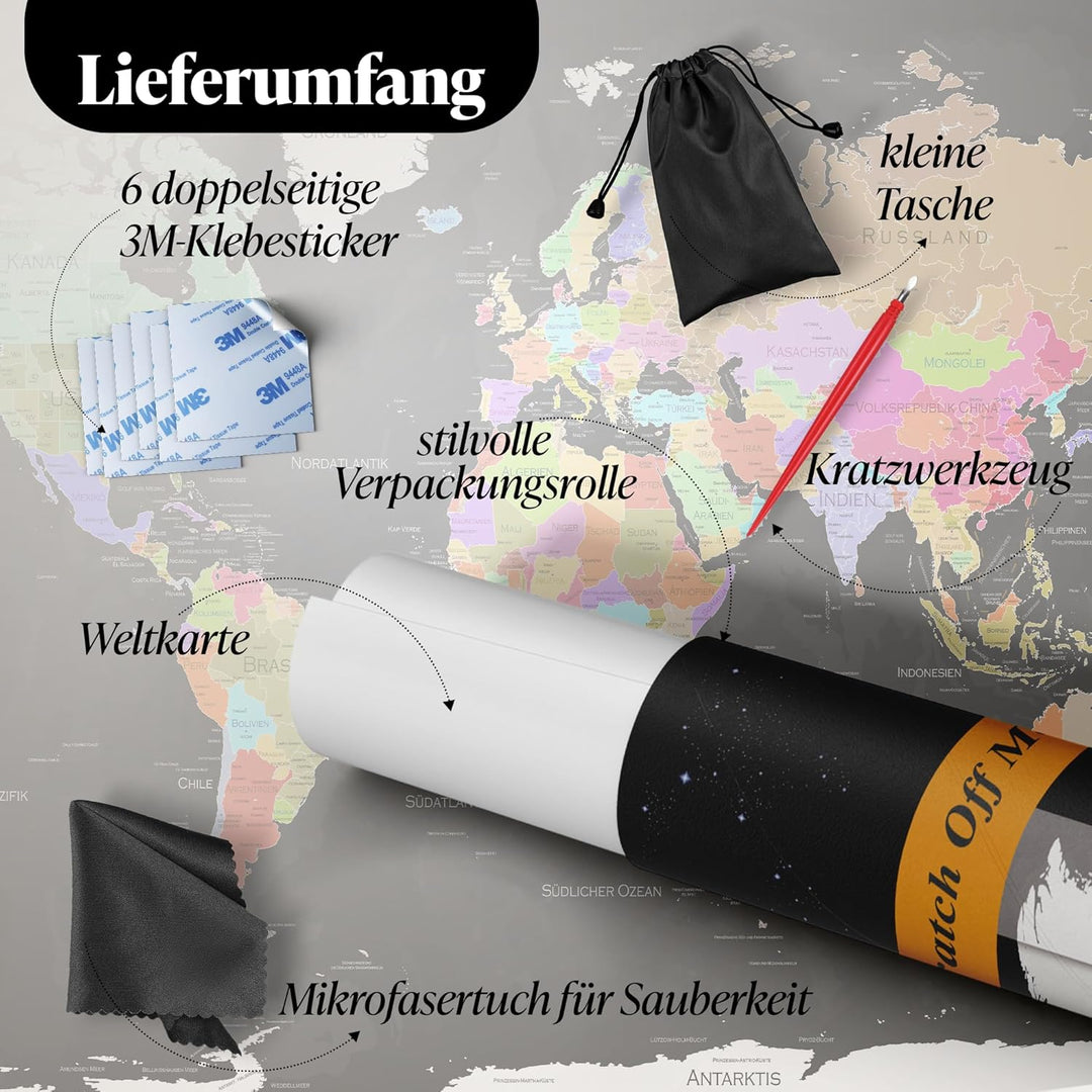 FlyHigh XXL Weltkarte Poster zum Rubbeln in Deutscher Sprache (80x56 cm) inklusive Klebesticker, Kra