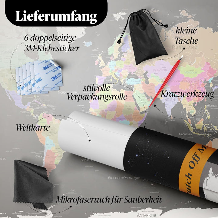 FlyHigh XXL Weltkarte Poster zum Rubbeln in Deutscher Sprache (80x56 cm) inklusive Klebesticker, Kra