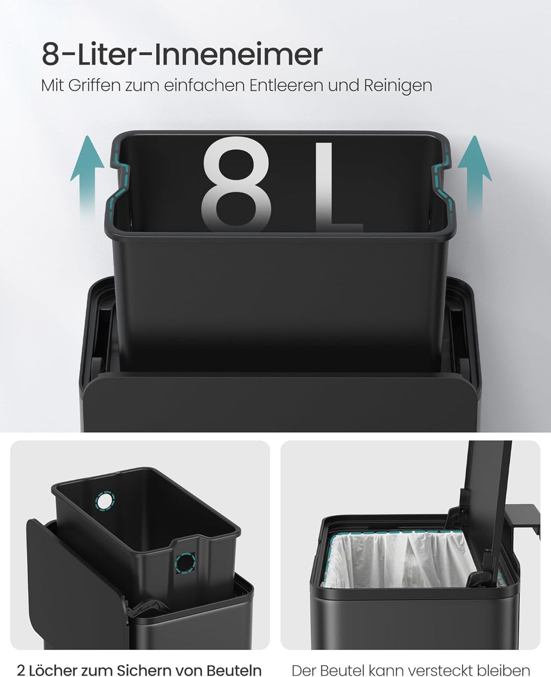 SONGMICS Mülleimer hängend, 8 L Komposteimer Küche, Stahl-Abfalleimer mit Deckel für Biomüll, mit Ha