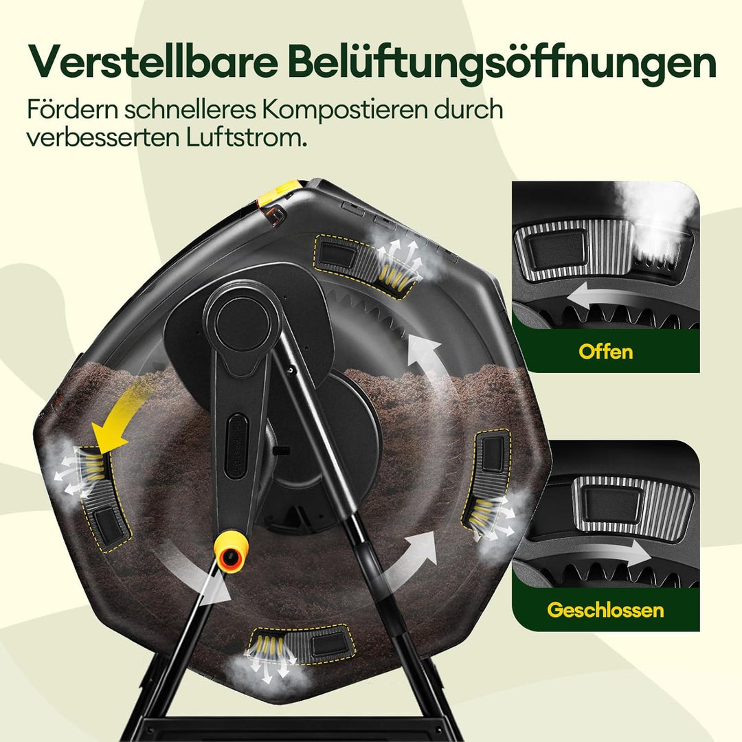 Komposter Garten 200L Schnellkomposter mit 2 Grossen Kammern und Schiebetüren Trommelkomposter 360°-