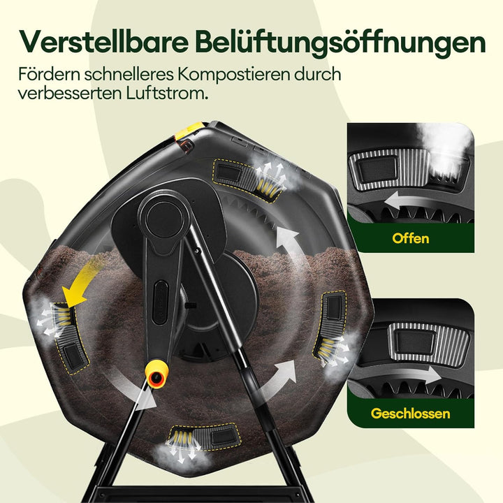 Komposter Garten 200L Schnellkomposter mit 2 Grossen Kammern und Schiebetüren Trommelkomposter 360°-