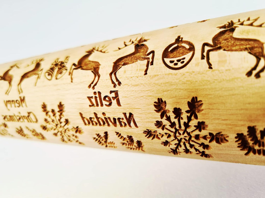 FROHE WEIHNACHTEN Nudelholz mit Muster Weihnachten Backen - Teigroller Holz für DIY Weihnachten Plät