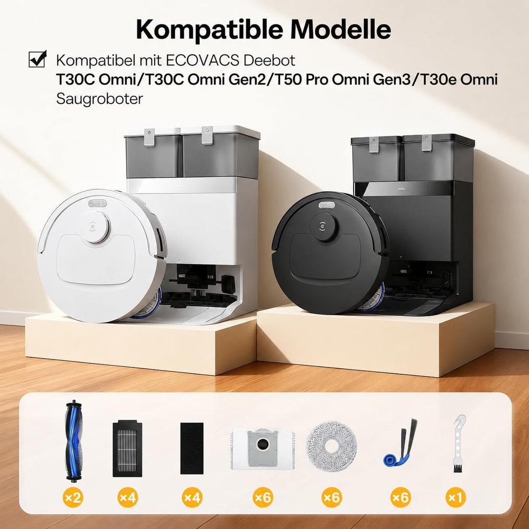 25 Stück Ersatzteil Zubehör für Ecovacs Deebot T30C Omni / T30C Saugroboter, 2 Hauptbürste, 6 Wischt