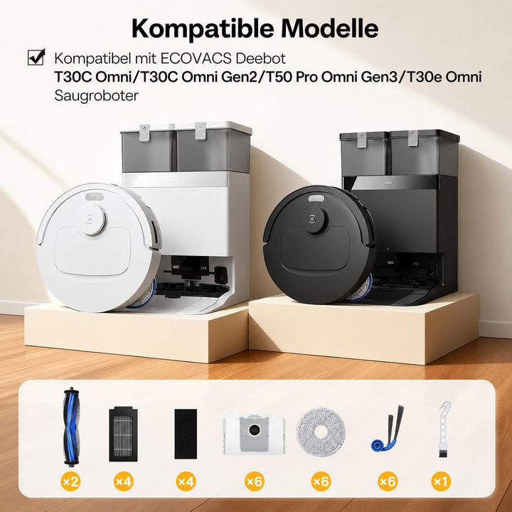 25 Stück Ersatzteil Zubehör für Ecovacs Deebot T30C Omni / T30C Saugroboter, 2 Hauptbürste, 6 Wischt