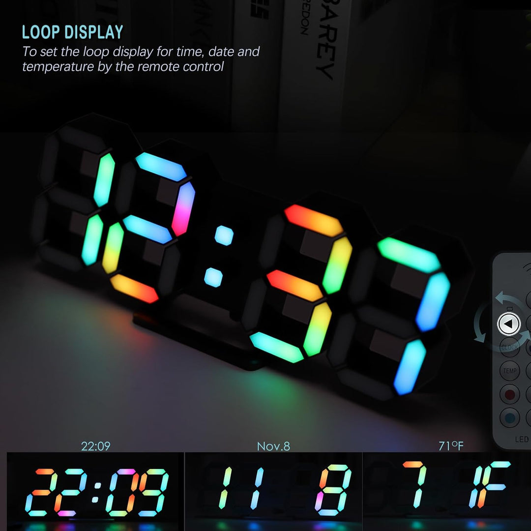 LED-Digitaluhr, Neonuhr, 24,6 cm, schwarz, Gaming-Uhr, RGB-LED-Wanduhr für Wohnzimmer, Schreibtischu