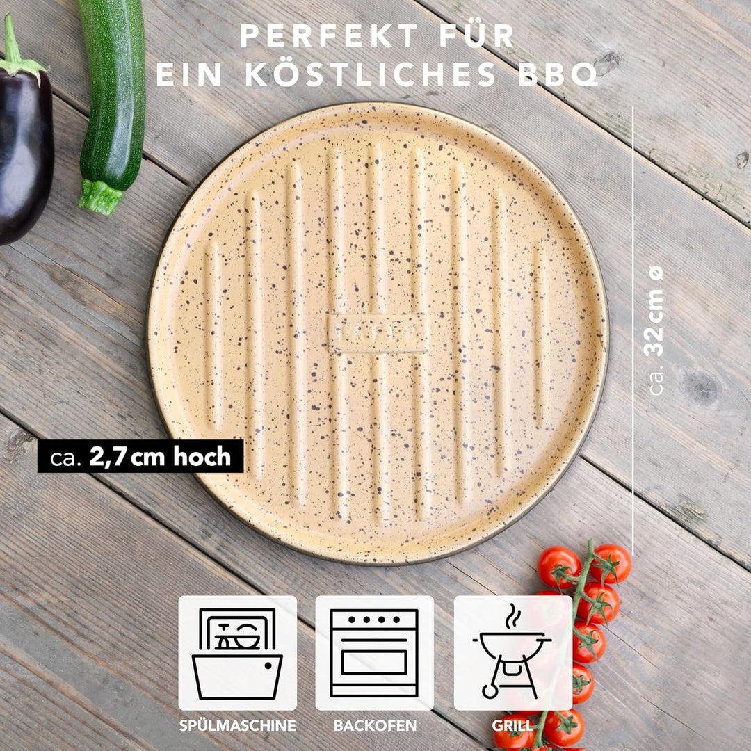 Römertopf Grillplatte aus Keramik, Plancha rund mit Grillstegen Ø 31,5 cm Ø 32,5 cm, Ø 32,5 cm
