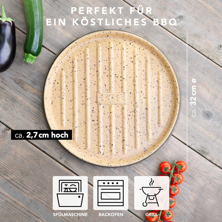 Römertopf Grillplatte aus Keramik, Plancha rund mit Grillstegen Ø 31,5 cm Ø 32,5 cm, Ø 32,5 cm