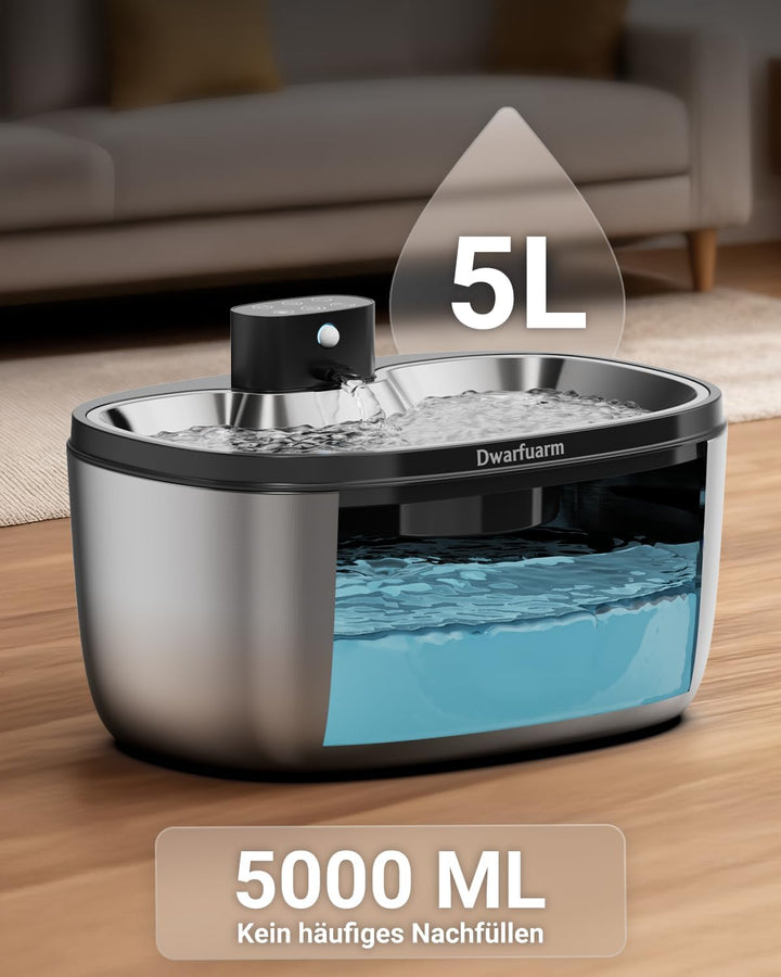 5L Trinkbrunnen für Hunde, Katzenbrunnen Kabellos mit 4000mAh, Edelstahl Hundebrunnen mit LED Sensor