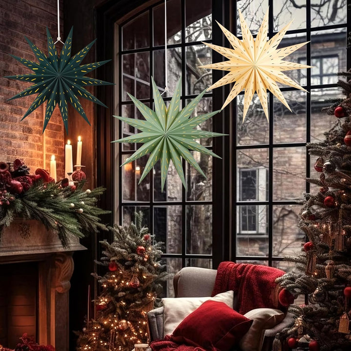 SUNBEAUTY 3er Set Papiersterne Beige 45cm Faltstern Weihnachten Deko Dunkelgrün 14 Zacken Salbeigrün