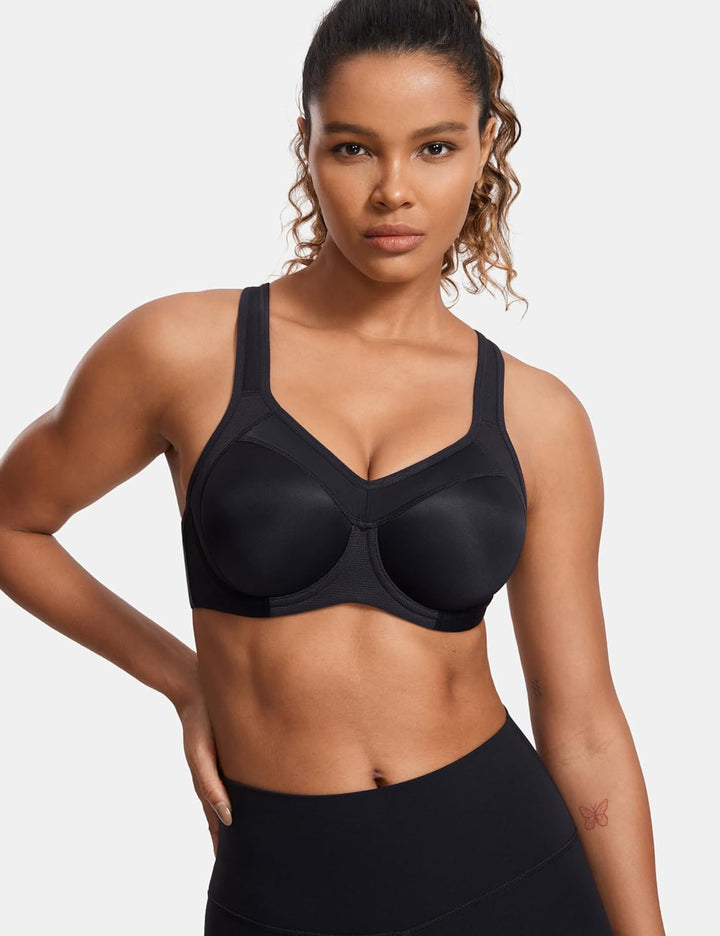 SYROKAN Damen Sport BH Starker Halt- Bügel Push Up Ringerrücken Gepolstert Fitness BH 75G Schwarz 2,