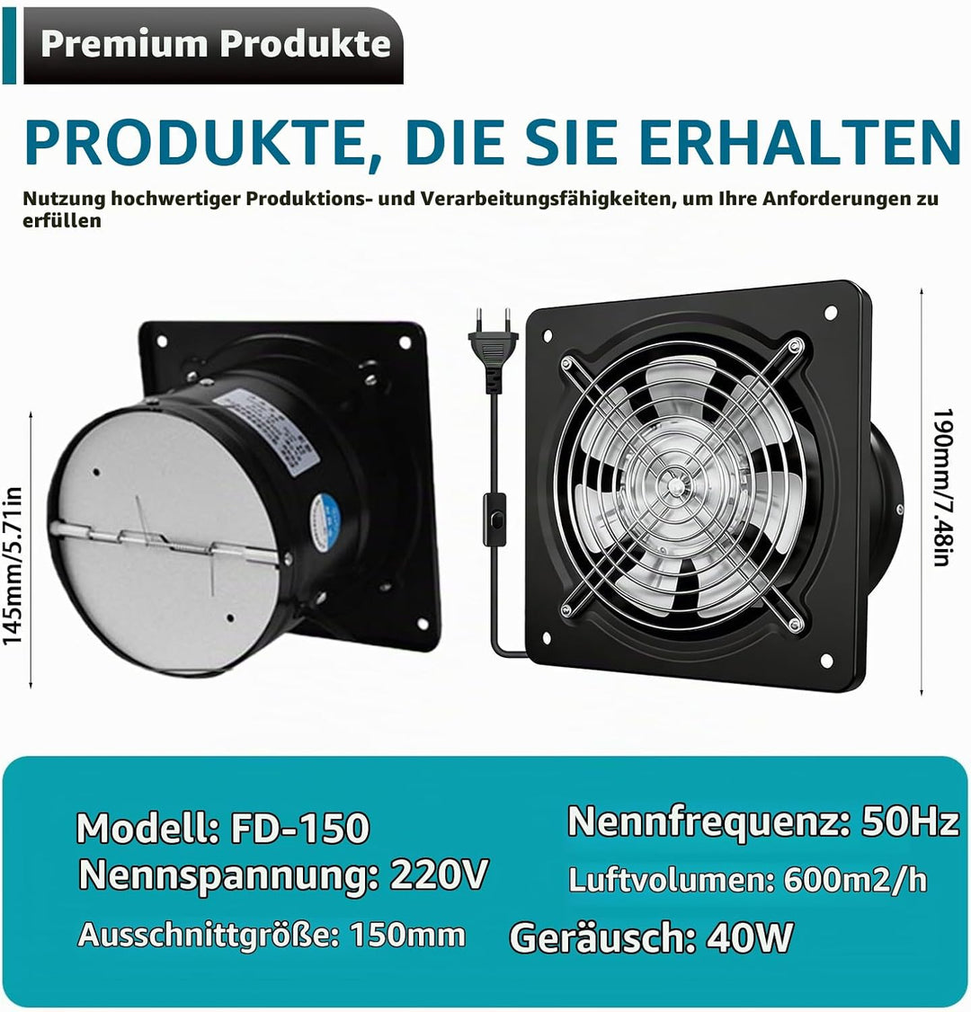 150mm Abluftventilator, Leistungsstarke Wandventilator, Industrieller Wandventilator, 600m³/H, Leise