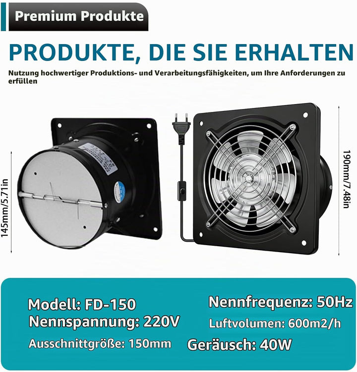 150mm Abluftventilator, Leistungsstarke Wandventilator, Industrieller Wandventilator, 600m³/H, Leise