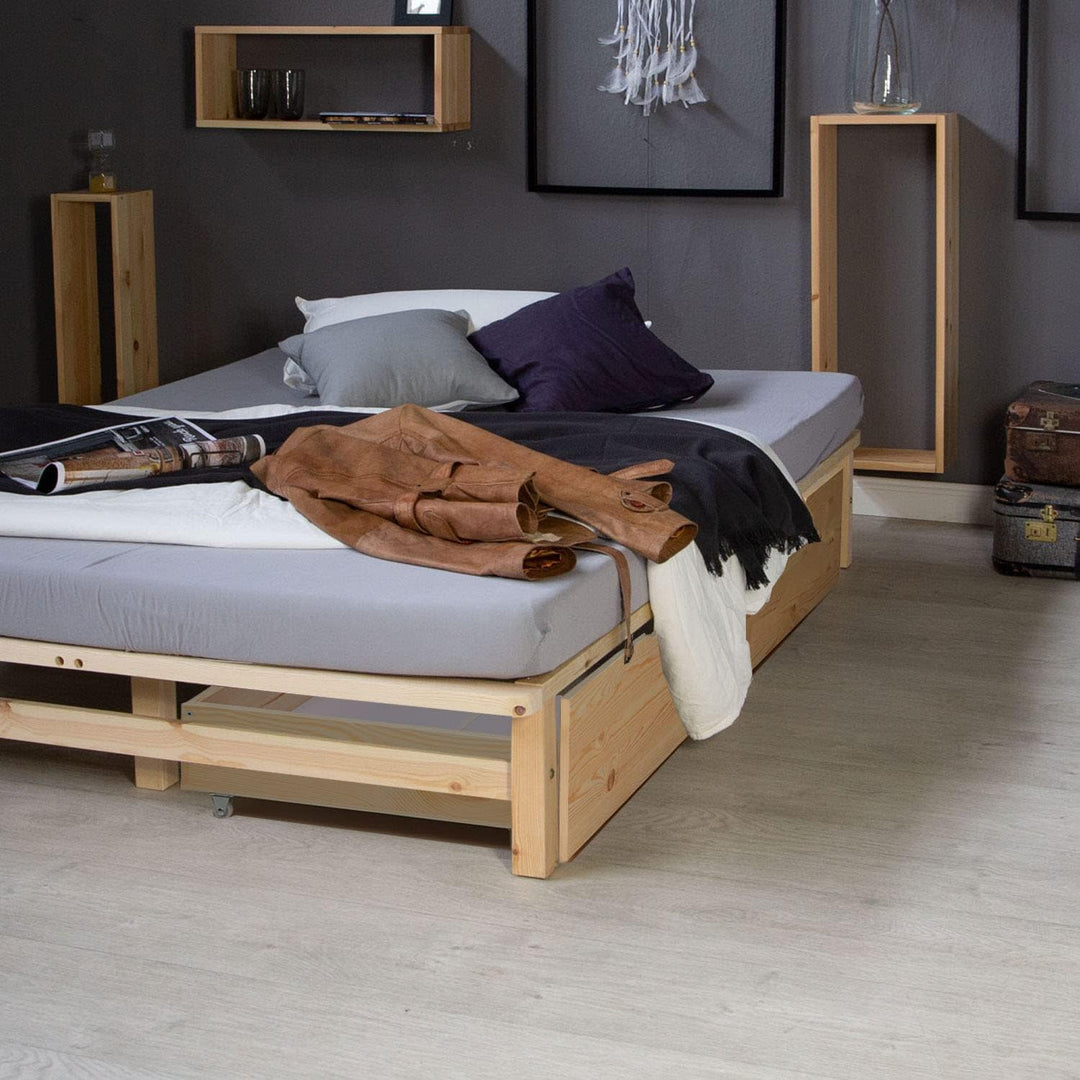Homestyle4u Bettkasten Aufbewahrung mit Rollen Holz Natur 2er Set Bett Schublade Schubkästen 2 Stück