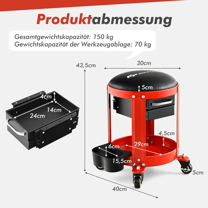COSTWAY Werkstatthocker, 150 kg belastbar, Werkstattsitz mit 2 Schubladen & Dosenhaltern & Ablage &