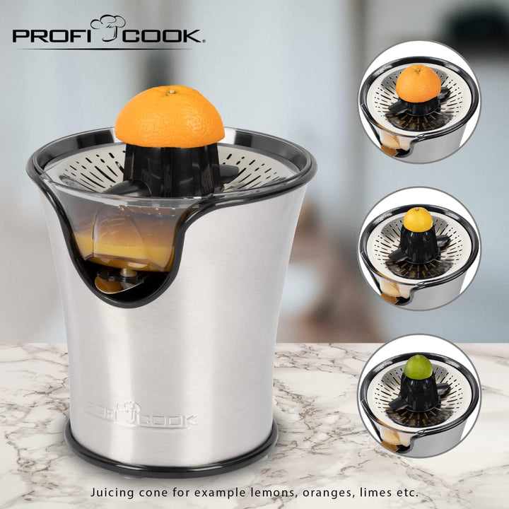 ProfiCook Zitruspresse PC-ZP 1018,Edelstahlgehäuse, Edelstahlsieb, Tropfstopp, automatische Start/St