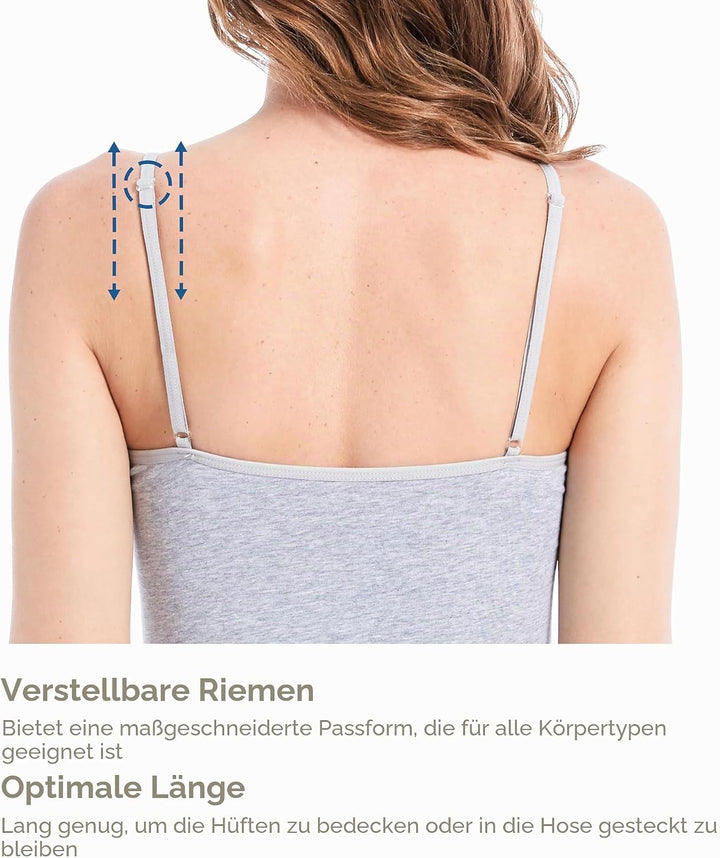 Comfneat Damen 4-Pack Spaghetti Tops Slim-Fit Verstellbare Träger Camisole Baumwolle Elasthan Unterh