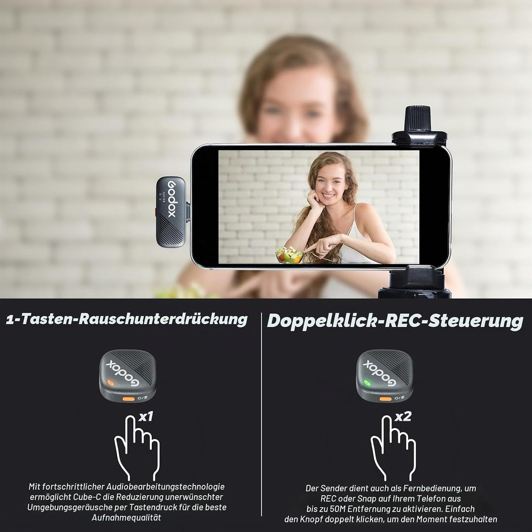 Godox Cube-C Combo Kit2 Wireless Lavalier Mikrofon für Kamera/iPhone/Android/PC,300m Reichweite, 48K