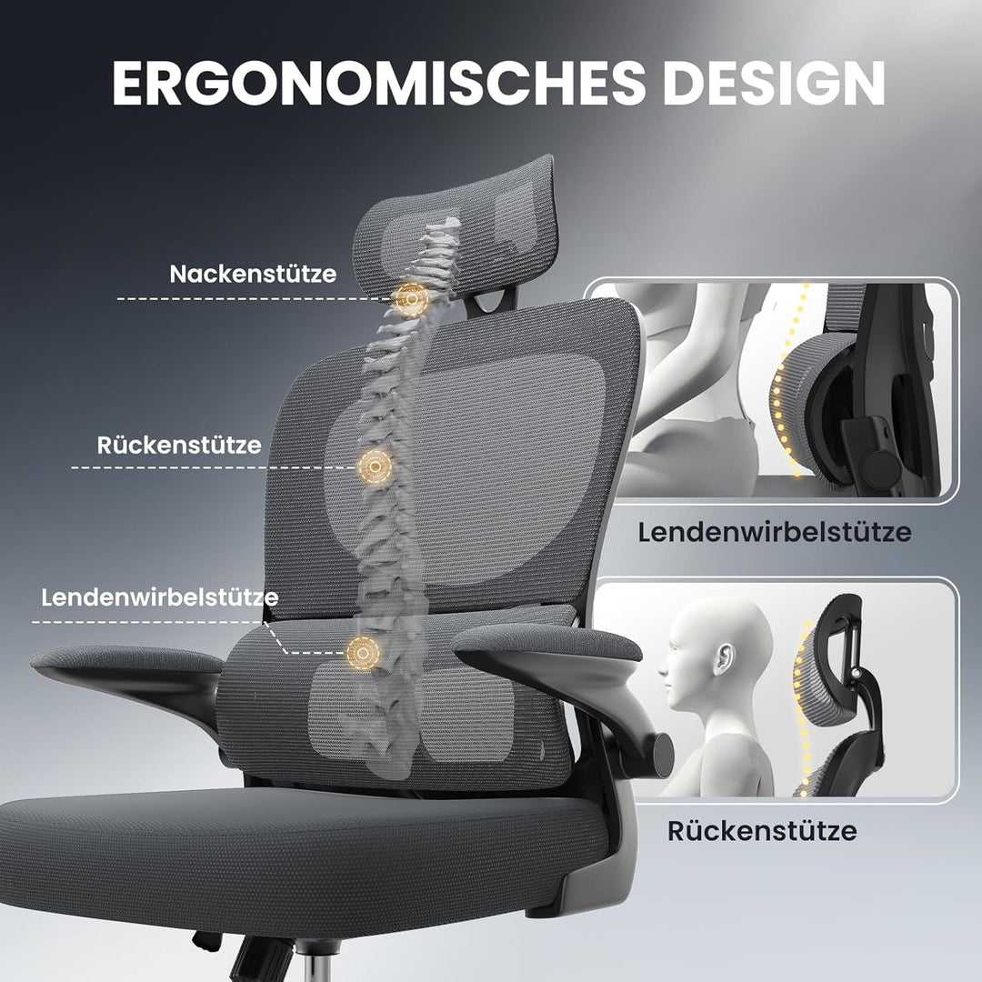 rattantree Ergonomischer Bürostuhl, Schreibtischstuhl mit Verstellbarer Kopfstütze und Armlehnen, C-