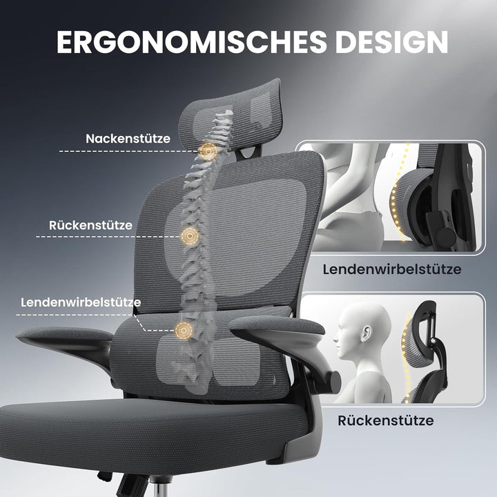 rattantree Ergonomischer Bürostuhl, Schreibtischstuhl mit Verstellbarer Kopfstütze und Armlehnen, C-
