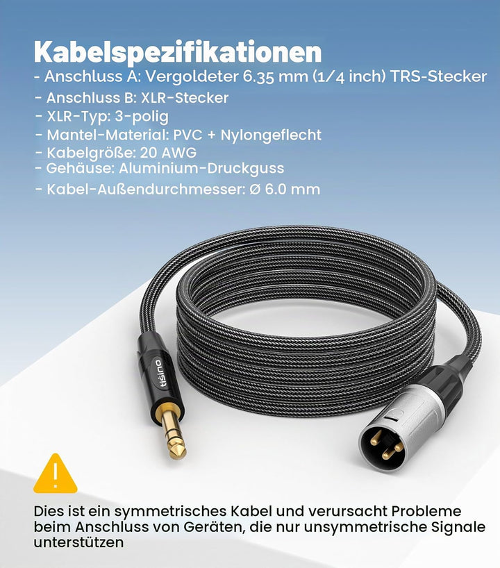 Tisino Klinke 6,3 TRS Auf XLR Kabel, Nylongeflecht Symmetrisches 6,35 Mm Stereo Klinke Auf XLR Signa