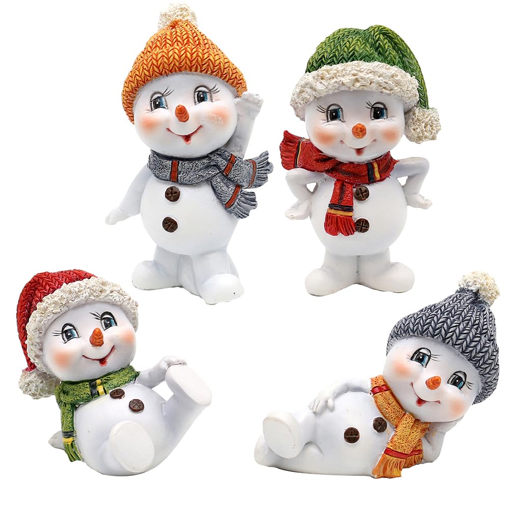Dekohelden24 Schneekinder mit Mütze und Schal in grün, orange, rot und grau, als 4er Set, L/B/H 4,7