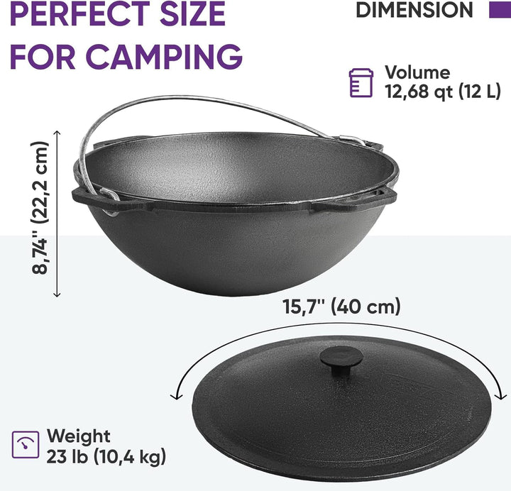 Brizoll Wok Asia 12 Liter mit Deckel aus Gusseisen