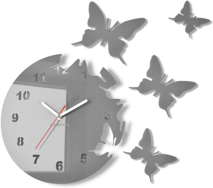 Grosse moderne Wanduhr Schmetterling Grau rund 30cm, 3d DIY, Wohnzimmer, Schlafzimmer, Kinderzimmer,