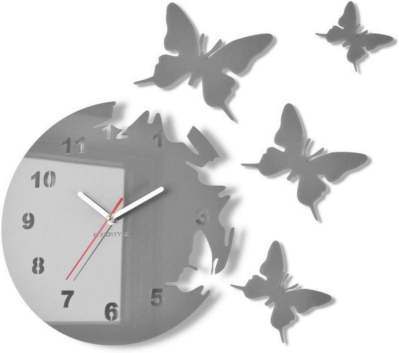 Grosse moderne Wanduhr Schmetterling Grau rund 30cm, 3d DIY, Wohnzimmer, Schlafzimmer, Kinderzimmer,