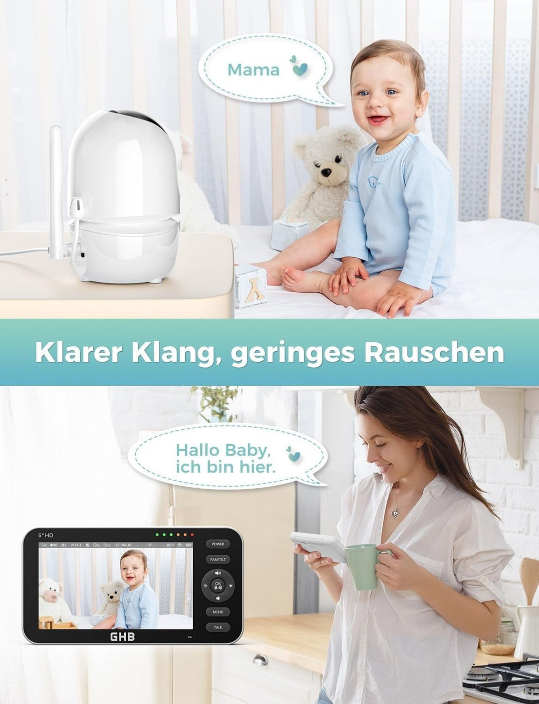 GHB Babyphone mit 2 Kameras 5 Zoll 720P HD Display mit bis zu 168h Akkulaufzeit im VOX Schlafmodus S