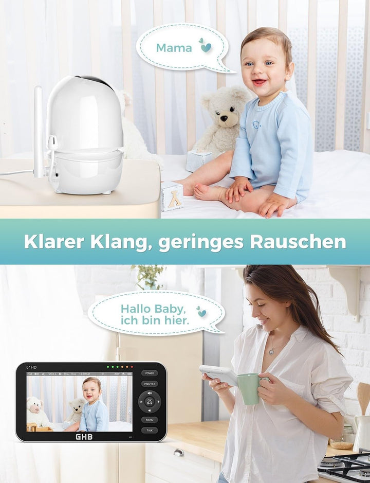 GHB Babyphone mit 2 Kameras 5 Zoll 720P HD Display mit bis zu 168h Akkulaufzeit im VOX Schlafmodus S