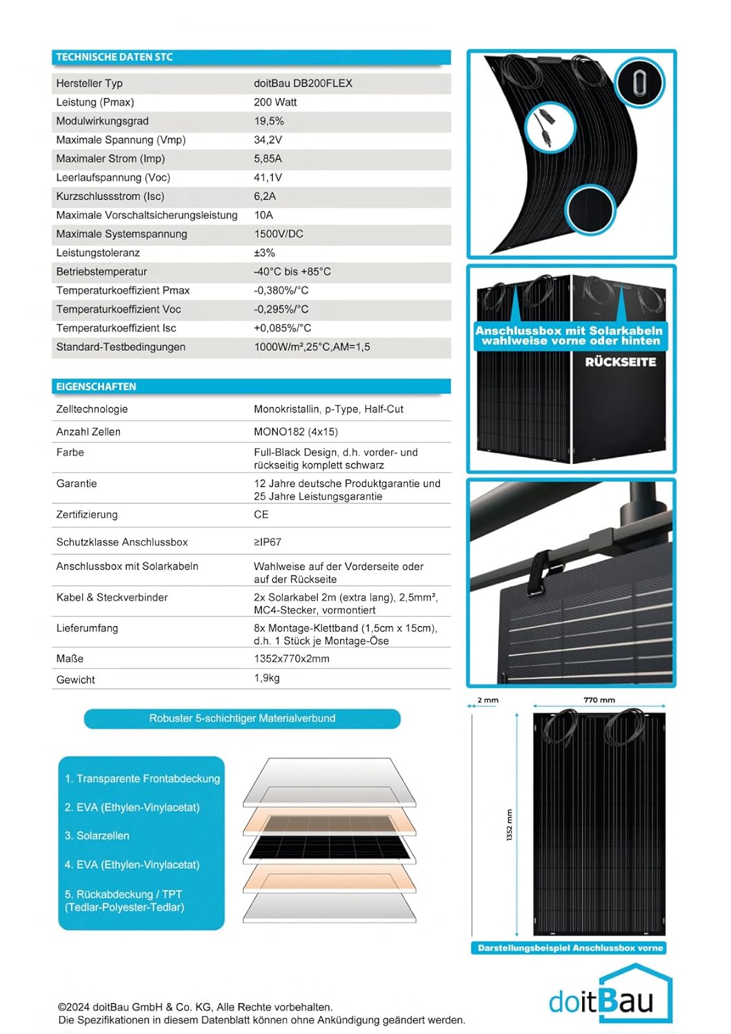 doitBau flexibles Solarmodul 200 W Full-Black mit Rückbox – ultradünn 2 mm, 1,9 kg – 1352 × 770 mm f
