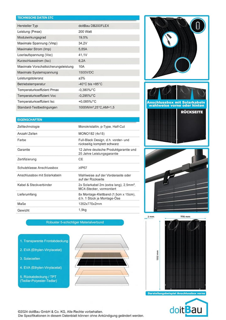 doitBau flexibles Solarmodul 200 W Full-Black mit Rückbox – ultradünn 2 mm, 1,9 kg – 1352 × 770 mm f
