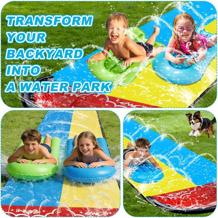 Wasserrutsche Garten für Kinder, 6.1*1.4M Aufblasbare Wasserrutsche mit 2 Bodyboards, Doppelte Wasse