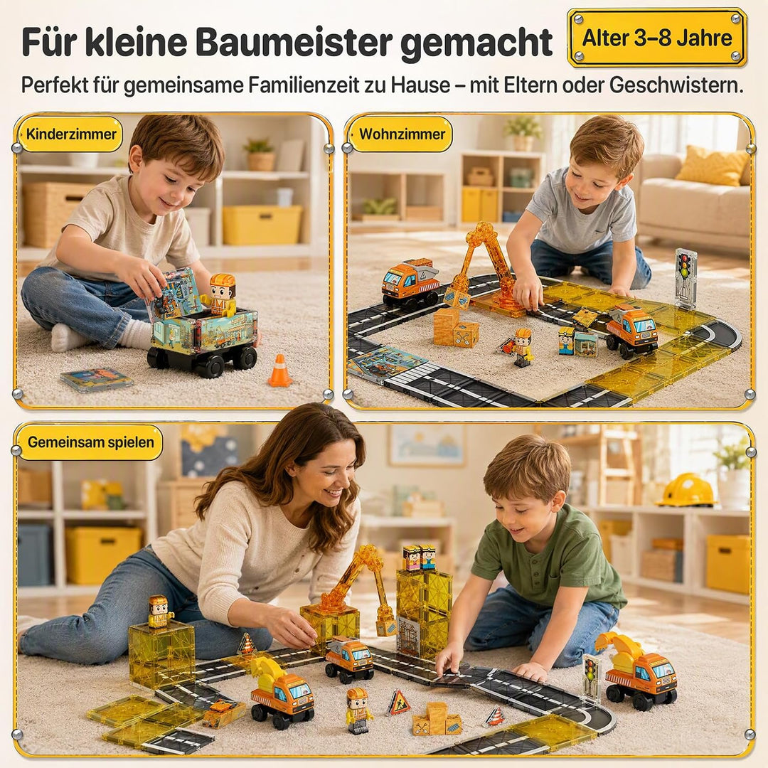 burgkidz Magnetische Bausteine Strassenset 47tlg: Baustelle für Jungen ab 3