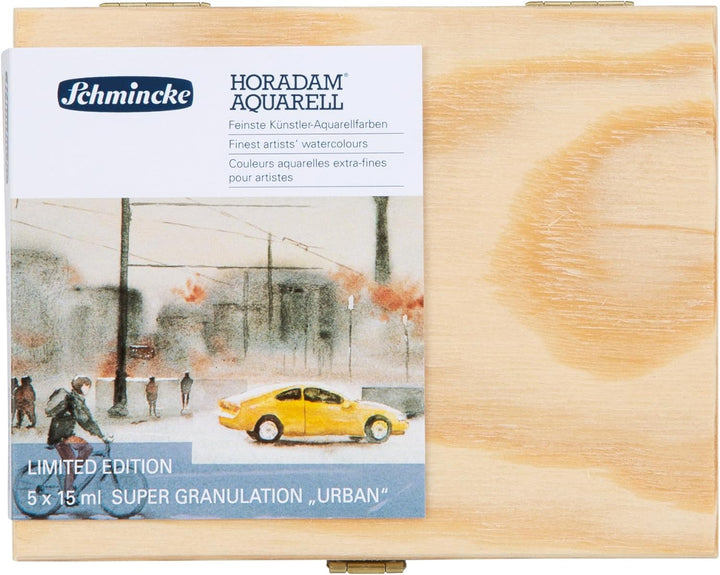 Schmincke – HORADAM® AQUARELL, Super Granulation Set Urban, 5 x 15 ml Tuben, 74 893 097, Holzkasten,