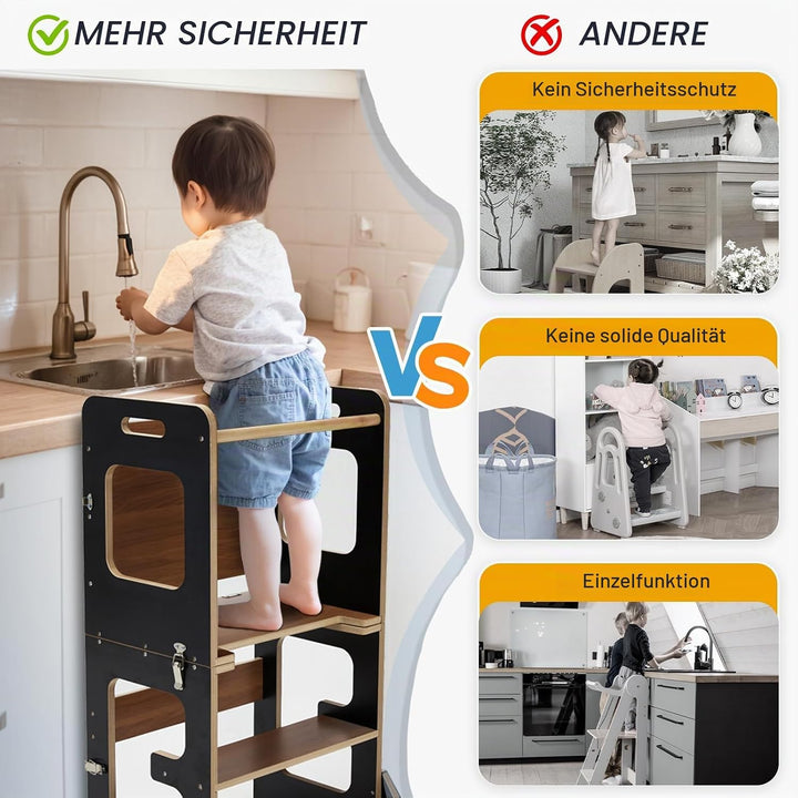 labebe Lernturm für Kinder, Montessori Learning Tower mit Tafel, 3 in 1 Klappbar Multifunktion Lernt