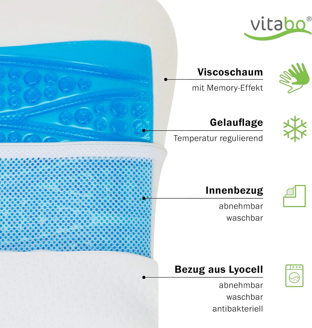 Vitabo Komfortables Kopfkissen mit kühlender Gelauflage I ergonomisches Seitenschläferkissen Nackenk