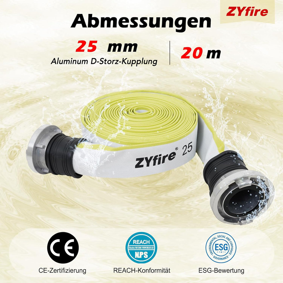 ZYfire Feuerwehrschlauch 25mm x 20m | 1 Zoll Feuerschlauch mit D-Storz Kupplung | flexibler Wassersc