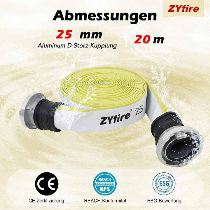 ZYfire Feuerwehrschlauch 25mm x 20m | 1 Zoll Feuerschlauch mit D-Storz Kupplung | flexibler Wassersc