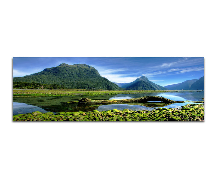 Paul Sinus Art Panoramabild auf Leinwand und Keilrahmen 120x40cm Neuseeland Berge Wasser Landschaft