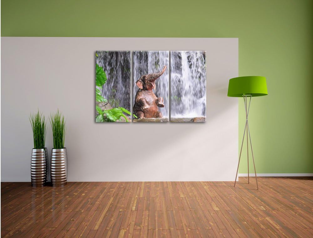 Pixxprint Babyelefant am Wasserfall Kunst Buntstift Effekt 3-Teiler Leinwandbild 120x80 Bild auf Lei