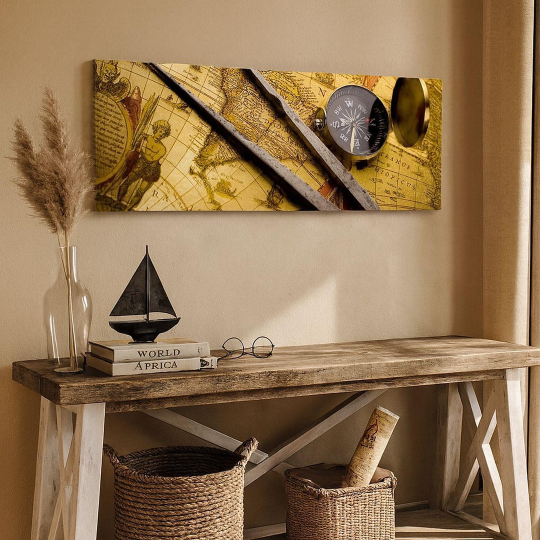 Panorama Bilder auf Leinwand 100x40cm Leinwandbild Kompass Abenteuer Reisen Gross Wanddeko Bild Schl