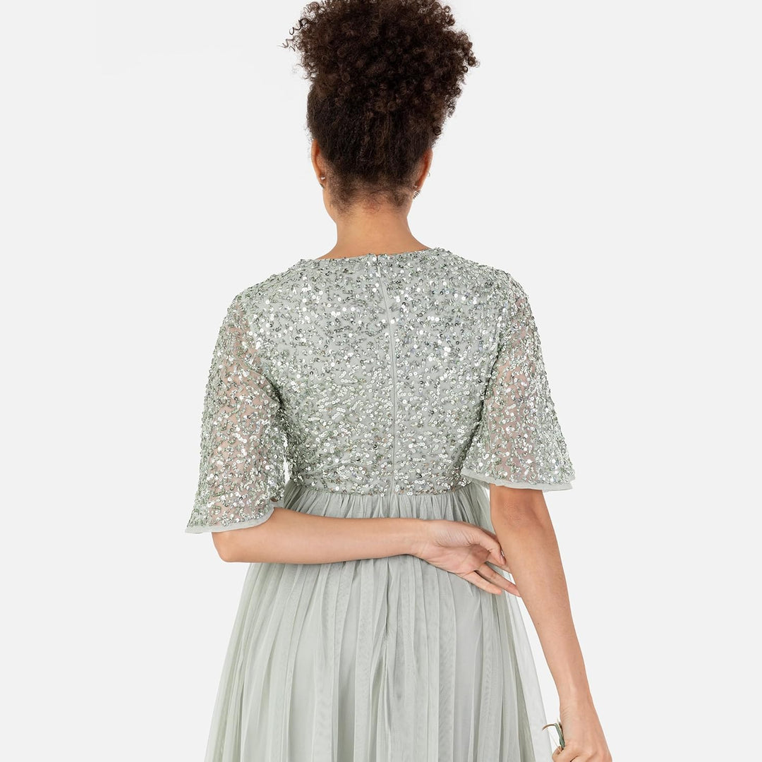 Maya Deluxe Damen Midi Abendkleid Cocktailkleid Abschlussball V-Ausschnitt Kurze Ärmel Tüllkleid Ele